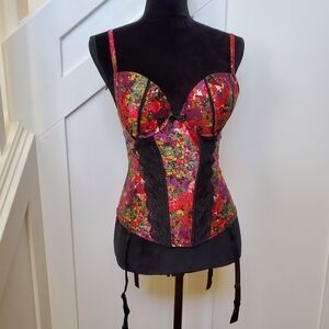 Satin Floral And Black Lace Bustier Corset With Garter Belt Straps